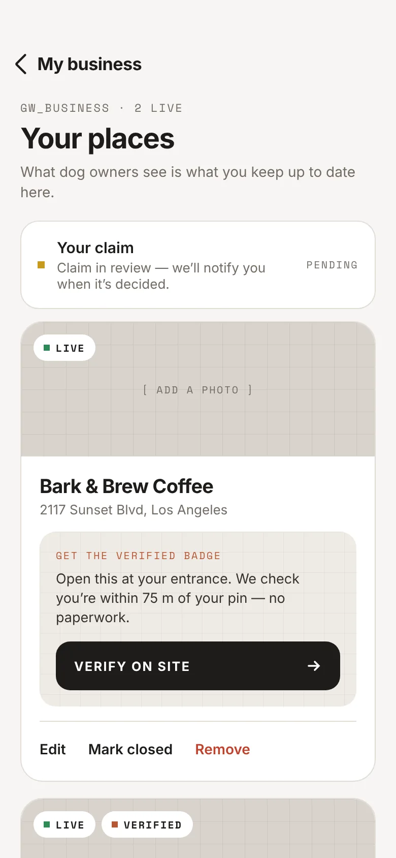Gentle Wuff app, My business screen: a pending claim, a live listing and the Verify on site button