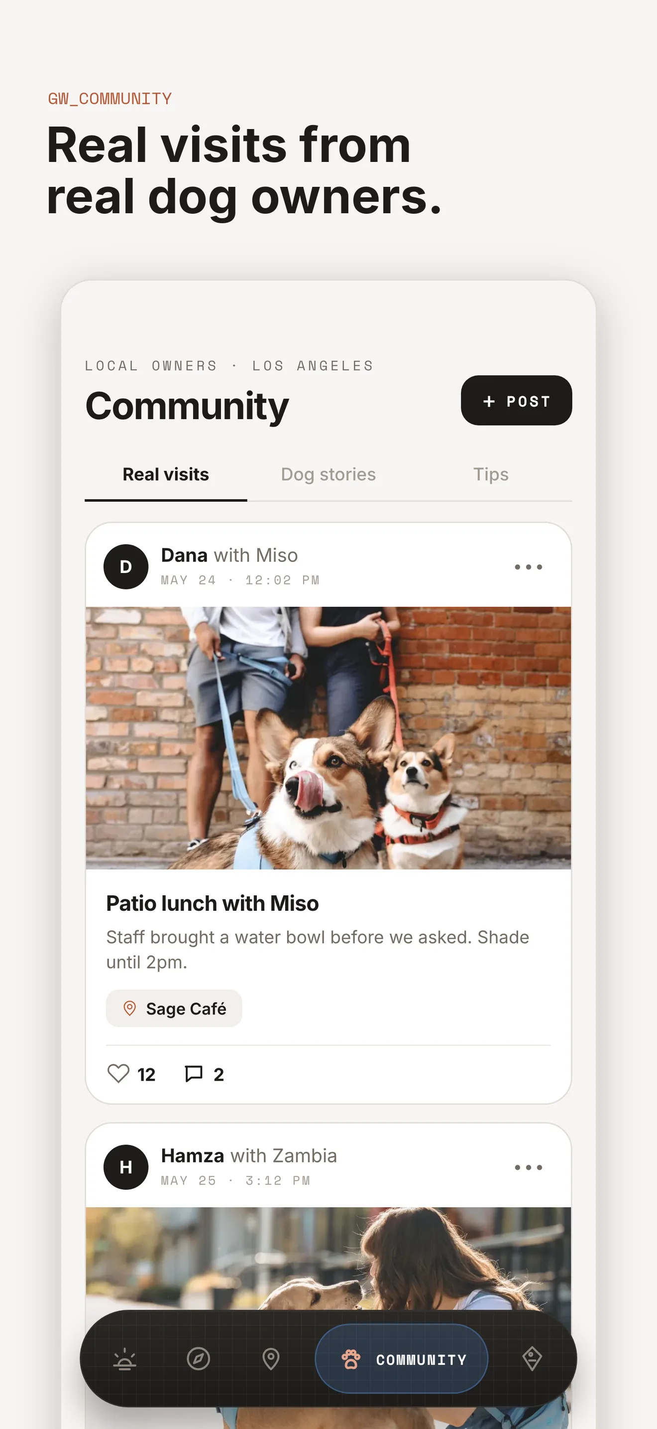 Gentle Wuff app, Community screen: real visits from local owners with photos of their dogs