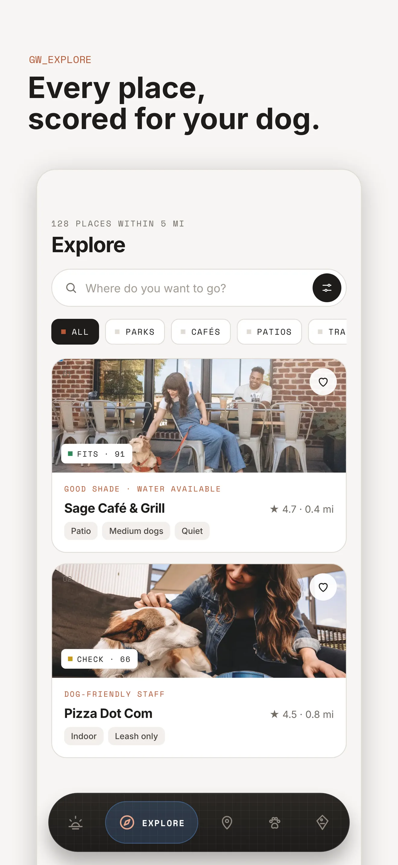 Gentle Wuff app, Explore screen: search, filters for parks, cafés and patios, and places with fit scores