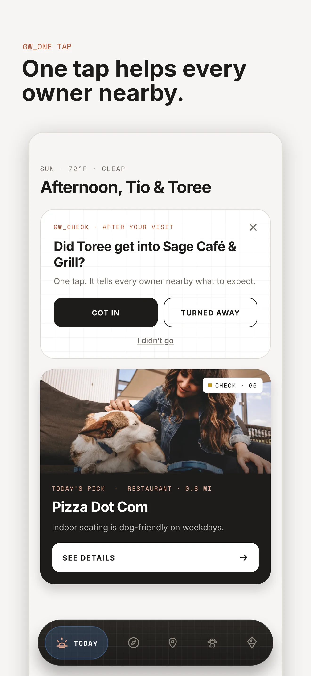 Gentle Wuff app asking “Did Toree get into Sage Café & Grill?” with Got in and Turned away buttons