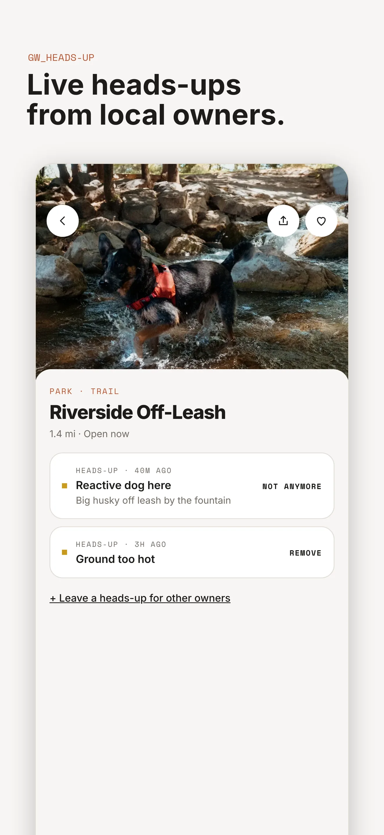 Gentle Wuff app, Riverside Off-Leash park with heads-ups from local owners