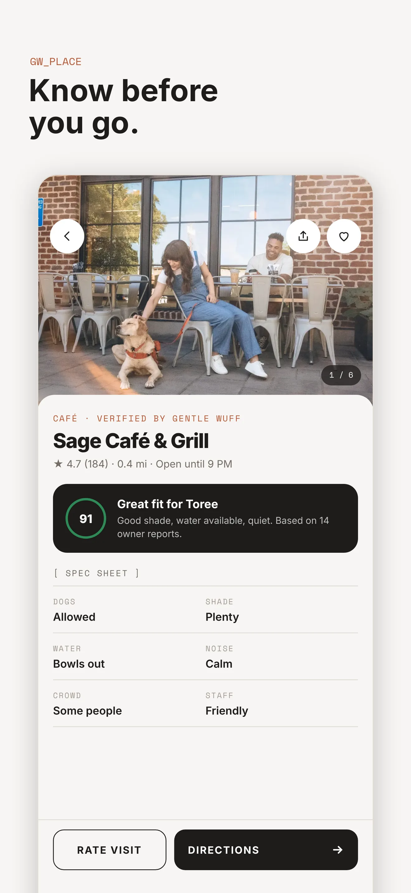 Gentle Wuff app, place detail for Sage Café & Grill: a 91 fit score and a spec sheet for dogs, shade, water, noise, crowd and staff