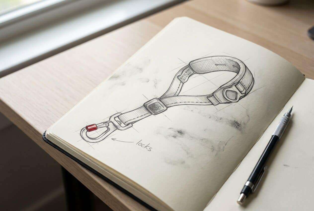 Notebook sketch of the leash with locking carabiner, annotated 'locks'