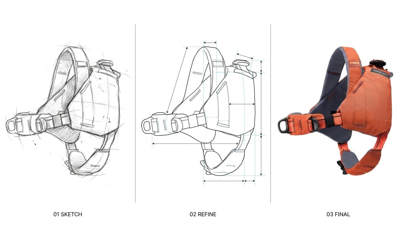 Harness development stages laid out from sketch to finished product