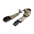 Tan strap with black plastic clip on a white background