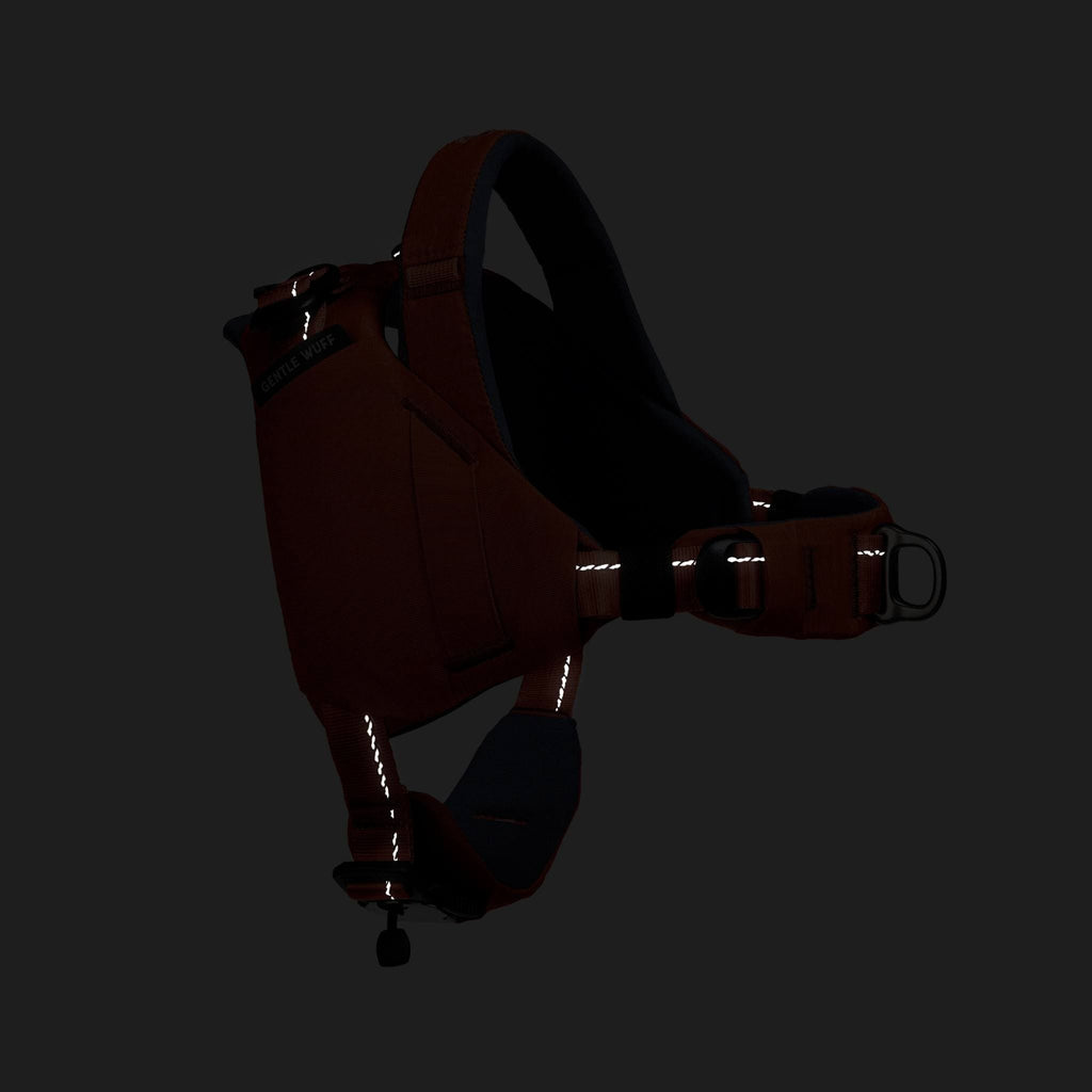 Brown leather dog harness on a black background