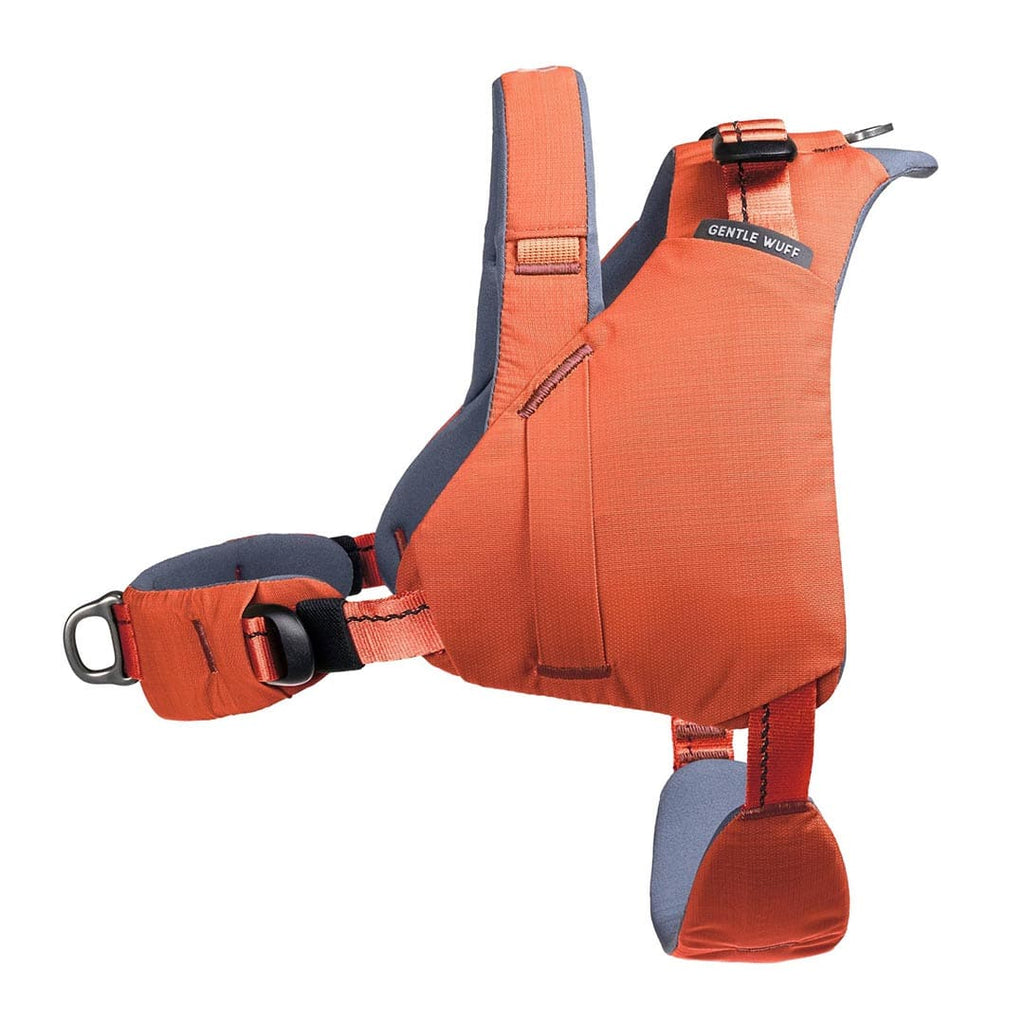 Orange and gray dog harness on a white background