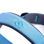 Close-up of a blue and gray headband with a logo on a white background