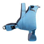 Blue dog harness with Gentle Walk label on a white background