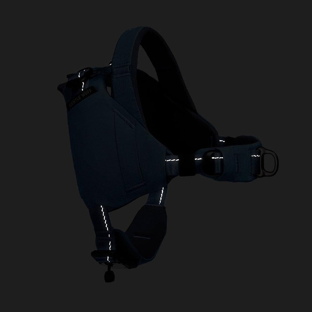 Dark-colored dog harness with reflective elements on a black background