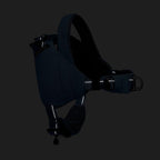 Dark-colored dog harness with reflective elements on a black background