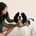 Woman petting a black and white dog on a beige background
