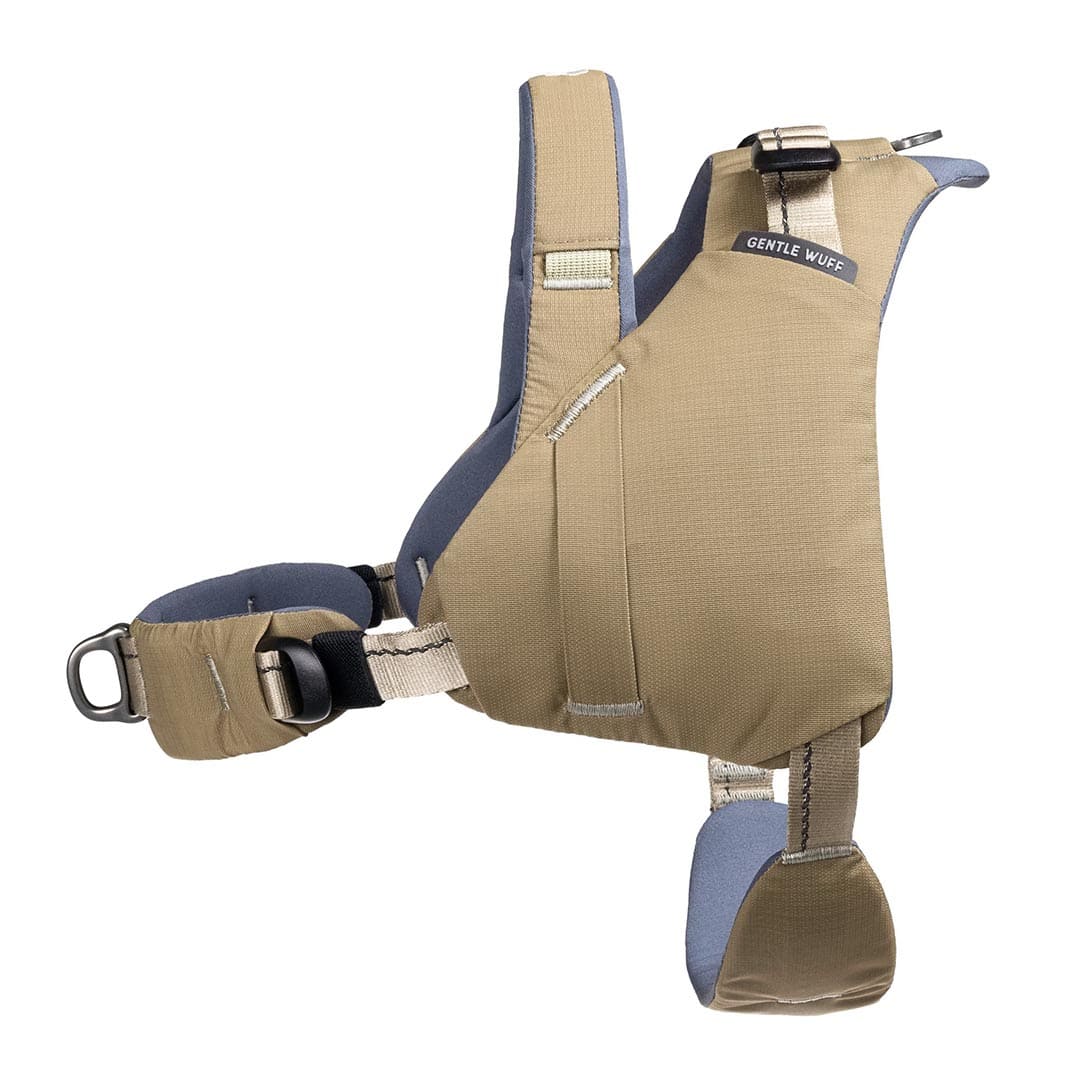Tan and blue dog harness with 'Gentle Leader' branding on a white background