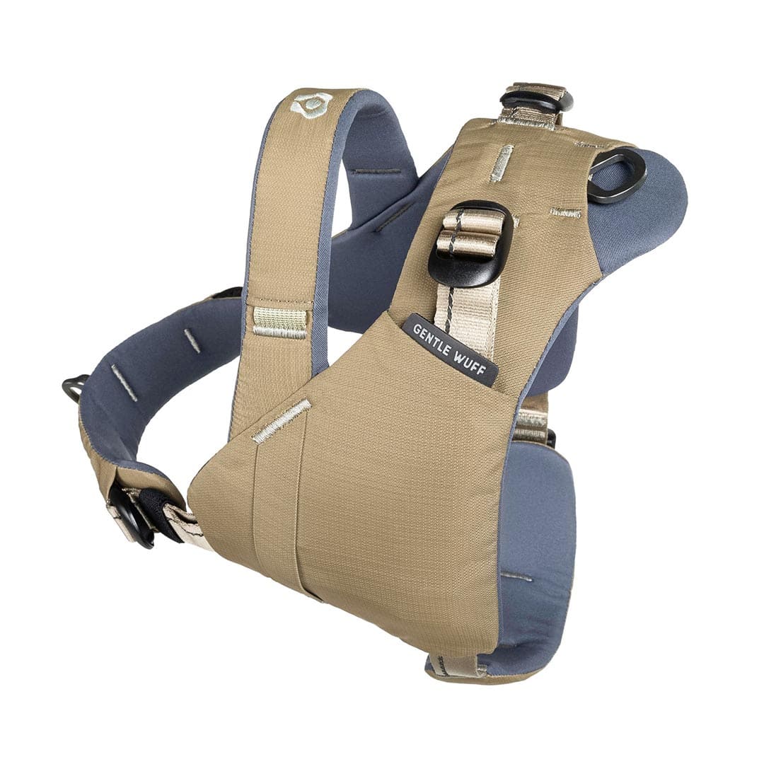 Dog harness with 'Gentle Wuff' branding on a white background