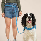 Person wearing a blue dog leash and collar with a dog on a beige background