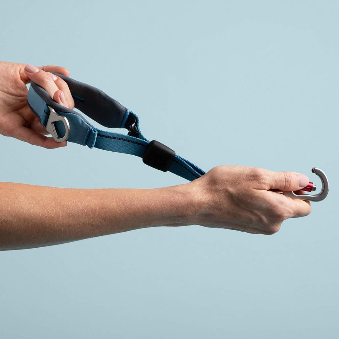 Person holding a blue dog leash with a metal clip against a light blue background