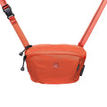 Orange crossbody bag with a visible brand logo on a white background