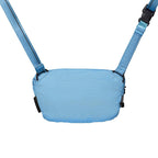 Blue baby carrier with straps on a white background