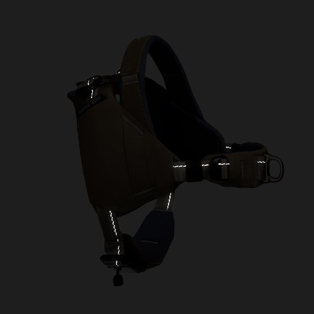 Dark-colored backpack with reflective elements on a black background