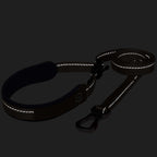 Black dog leash with reflective material on a black background