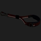 Brown dog leash with clip on a black background
