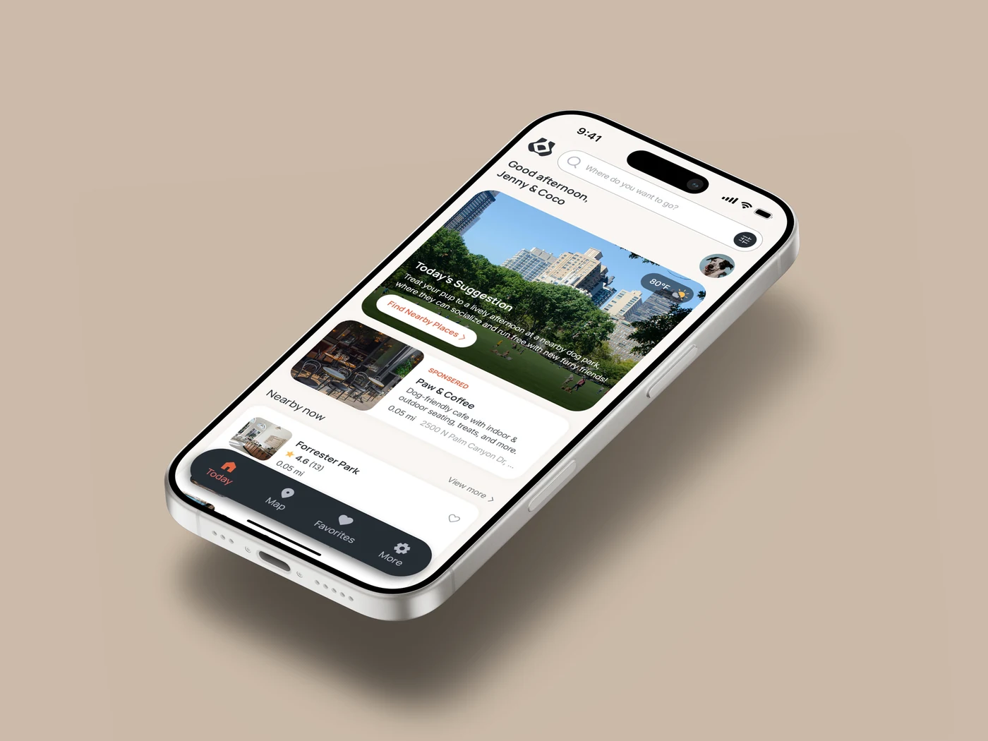 Gentle Wuff app — Today home screen with daily suggestions and nearby dog-friendly places
